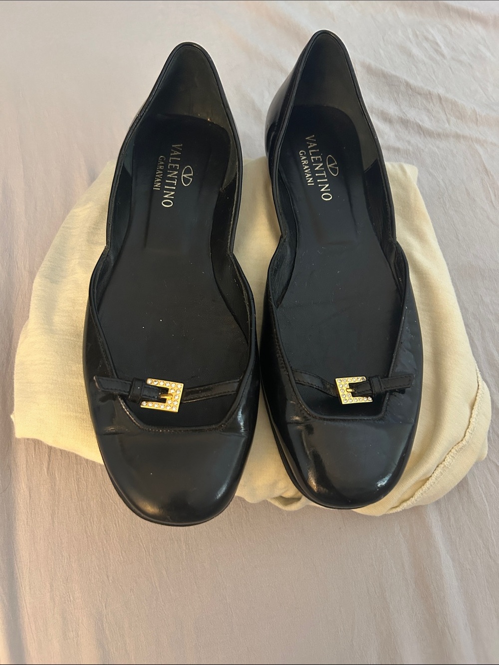 Valentino Garavani Black Leather Ballet Flats with Gold Buckle
